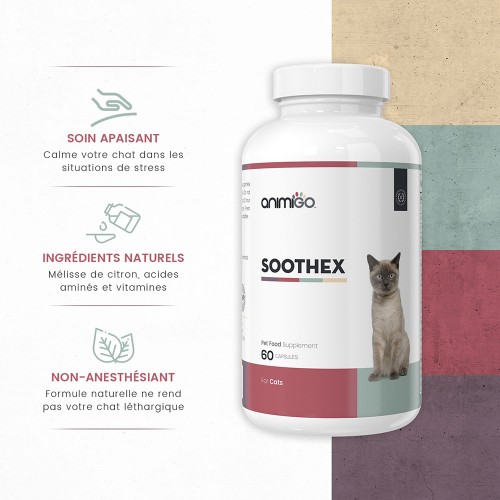 Soothex pour Chats - Complément alimentaire naturel calmant pour les chats - 60 Capsules