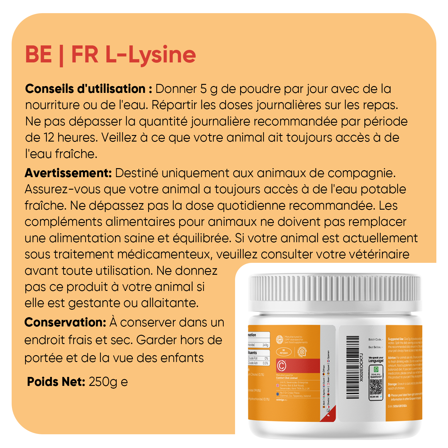 Poudre de L-lysine pour chiens 250 g