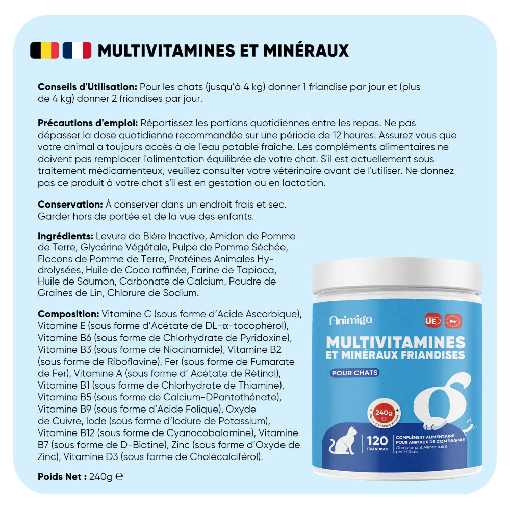 Multivitamines et minéraux pour chats, 120 comprimés à mâcher